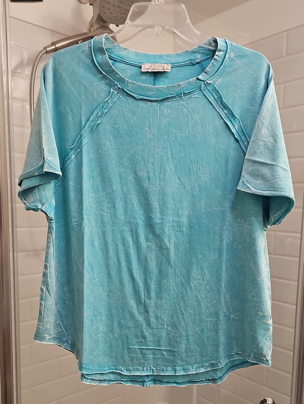 Zenana French Terry Washed Curved Hem Top In Turquoise. New In Packaging.